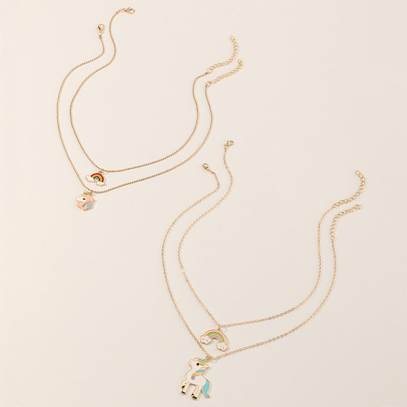 Collana con ciondolo unicorno arcobaleno in lega smaltata per ragazze, con catena a serpente in stile principessa
