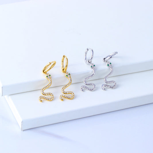 Fashionable Geometric Snake-Shaped Stainless Steel Earrings for Women with 18K Gold Plating and Full Zircon Inlay