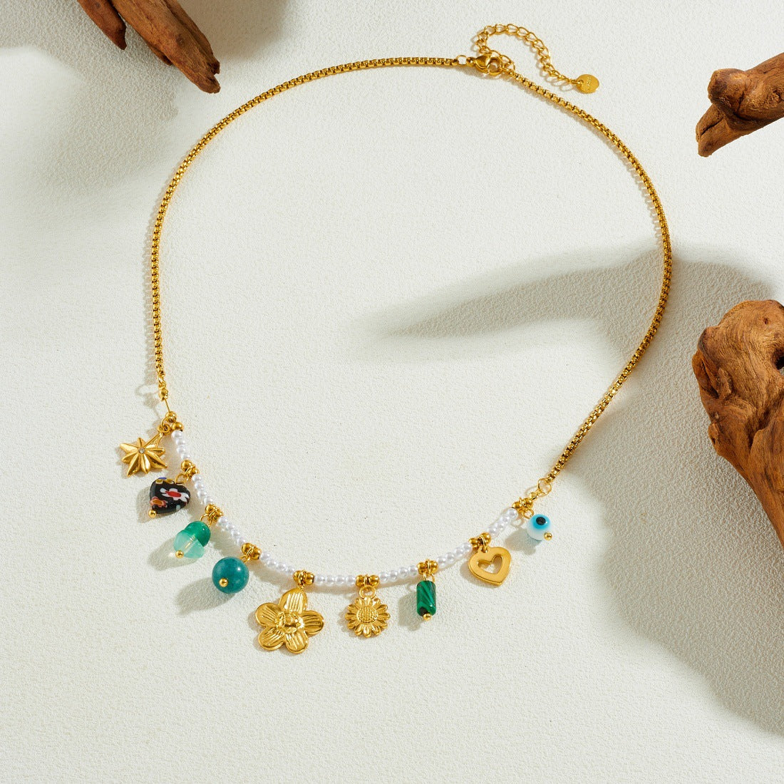 Vintage Gold Plated Heart Camellia Turquoise Stainless Steel Necklace Box Chain