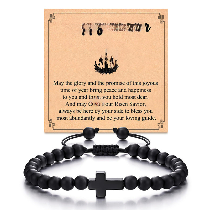 Matte Black Agate Cross Beaded Bracelet for Men