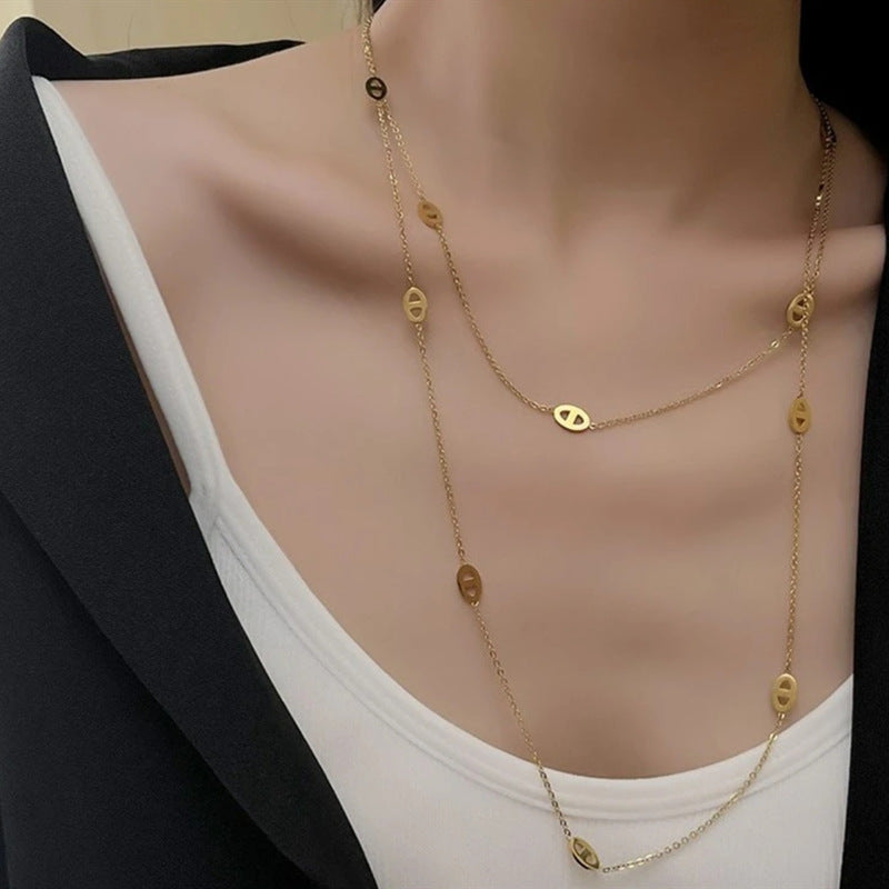 Minimalist Luxury Double Layer Pig Nose Titanium Steel Necklace for Women Long Sweater Chain
