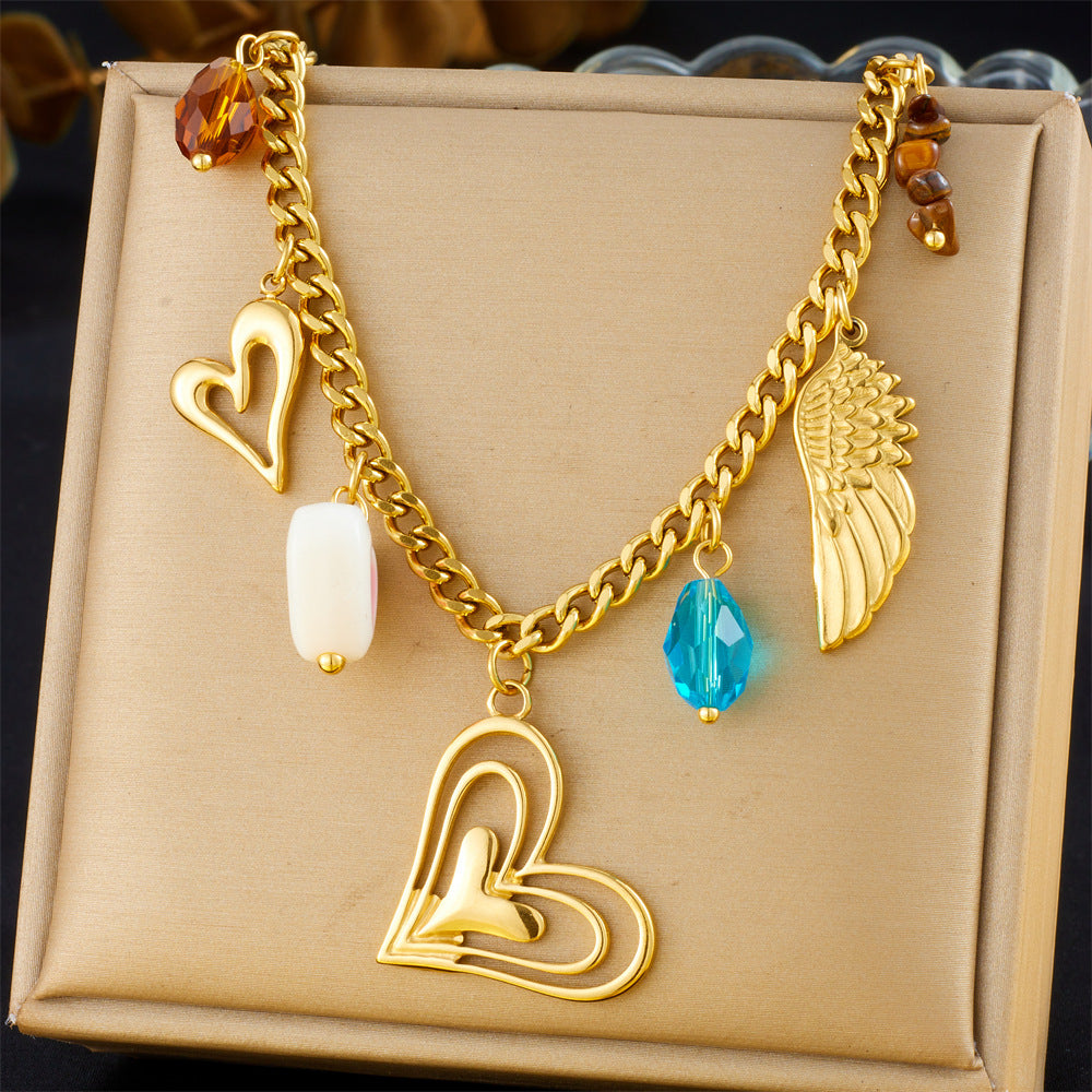 Vintage Elegant Heart Bow Cross Floral Stainless Steel Plated Necklace for Women