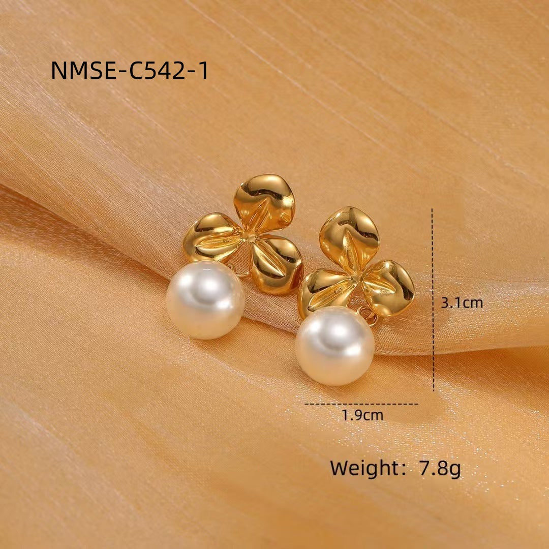 Minimalist Pearl Flower Stainless Steel Earrings with Plated Finish for Women