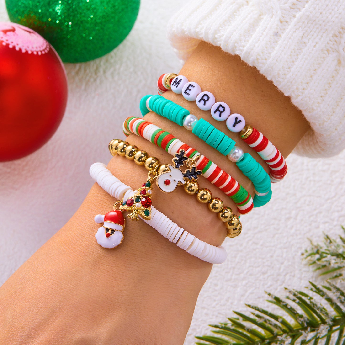 Sweet Christmas-Themed Bracelet Set with Snowman Reindeer Bell and Tree Charms Crystal Handmade Fashion Bracelets for Women