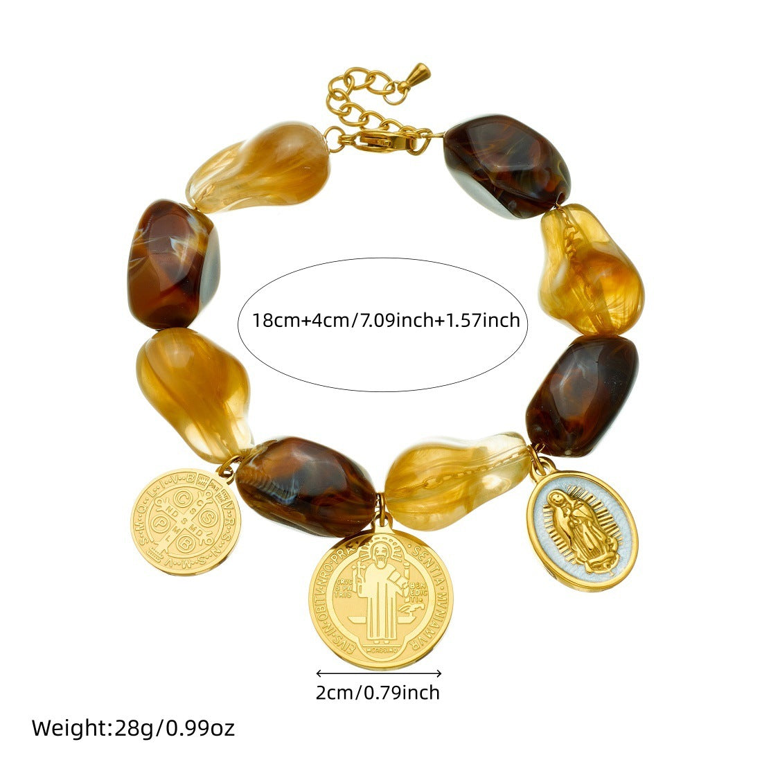 Vintage Gold Plated Stainless Steel Round Pendant Necklace and Bracelet Set with Cross and Geometric Patterns
