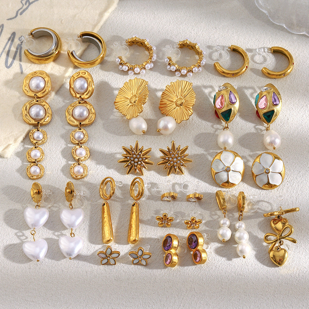 Fashionable Geometric Stainless Steel Plated 18K Gold Zircon Flower Pearl Clip-On Earrings for Women