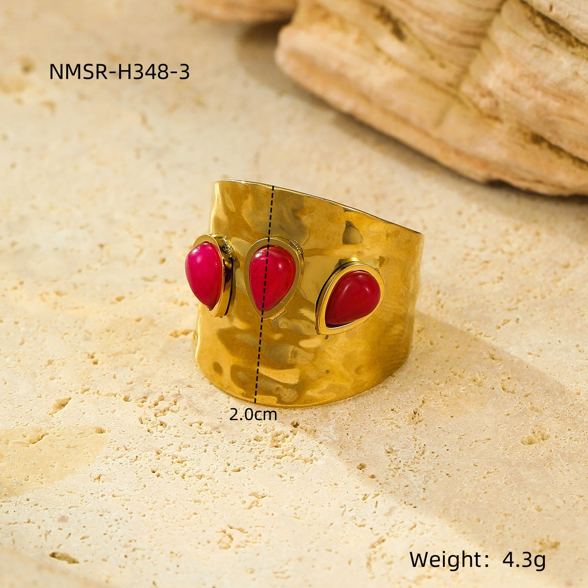 Elegante Anillo Bañado en Acero Inoxidable con Textura Geométrica Vintage Francés y Piedra Natural Incrustada para Mujer