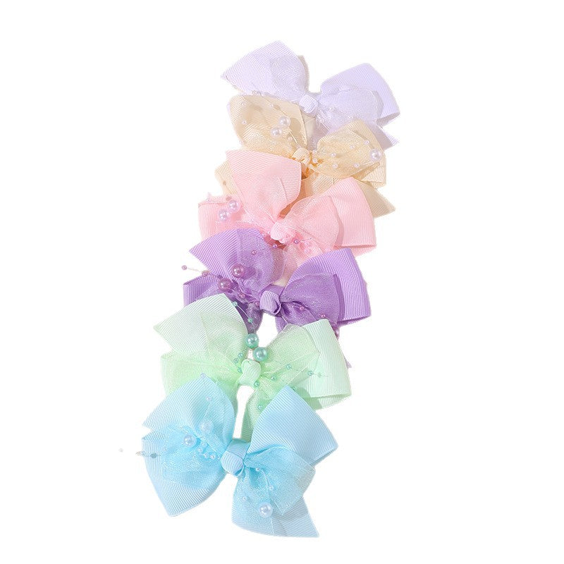 Graziosa molletta per capelli coreana per bambine con fiocco, design a rete arricciata 3D, forcina in resina plastica a becco d'anatra di colore rosa