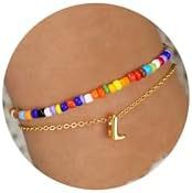 Bohemian Colorful Seed Bead Stainless Steel Letter Chain Bracelet Set
