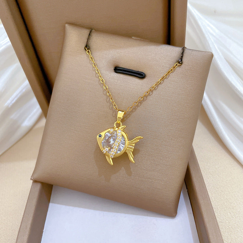 Sweet Minimalist Geometric Animal Cubic Zirconia Titanium Steel Necklace for Unisex