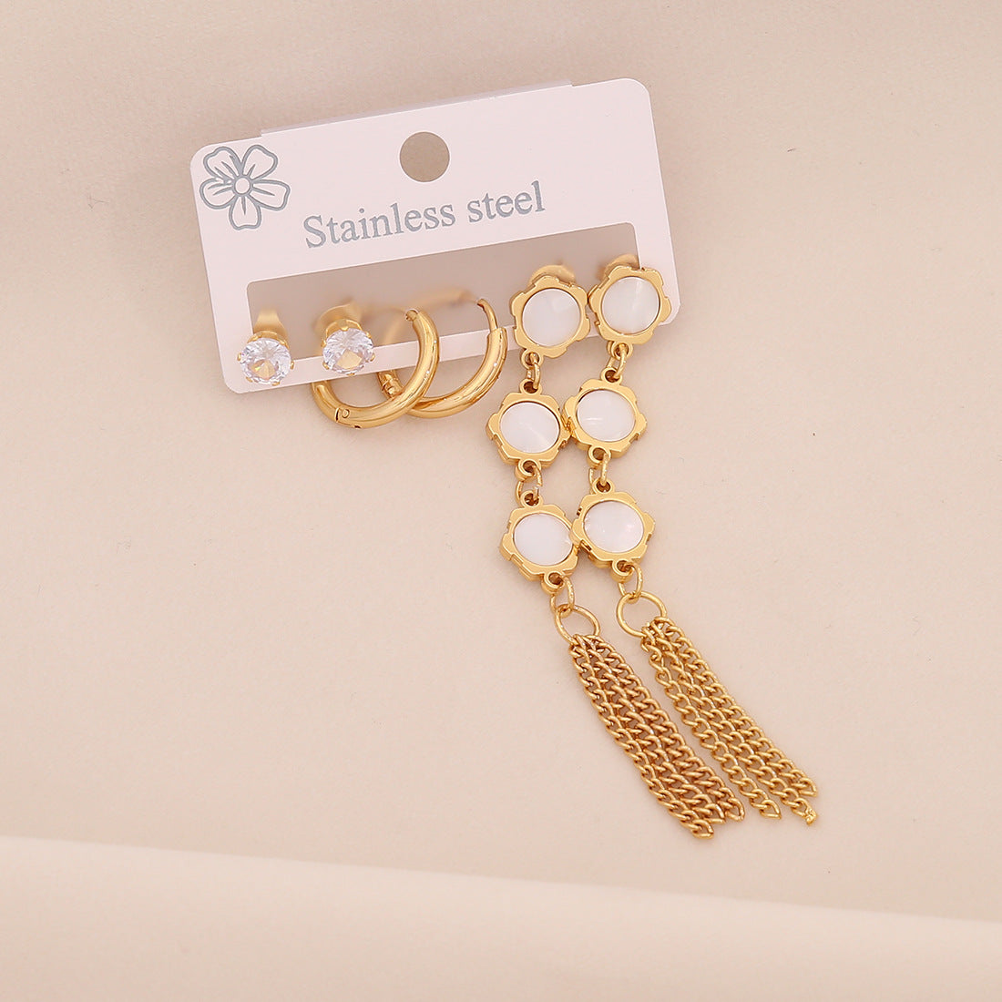 Fashionable OL Style Heart-Shaped Titanium Steel Earrings Set with Electroplated Finish and Floral Six-Petal Flower Design for Women