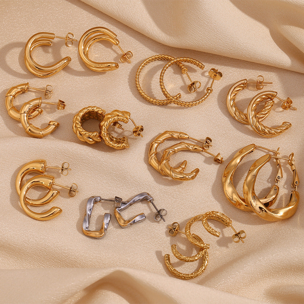Orecchini vintage eleganti placcati oro 18K in acciaio al titanio geometrici cavi a doppio strato a forma di C
