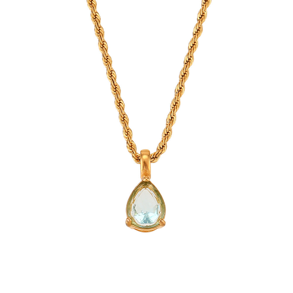 Fashionable Vintage Geometric Stainless Steel Twisted Rope Necklace with Teardrop Rhinestone Pendant for Women