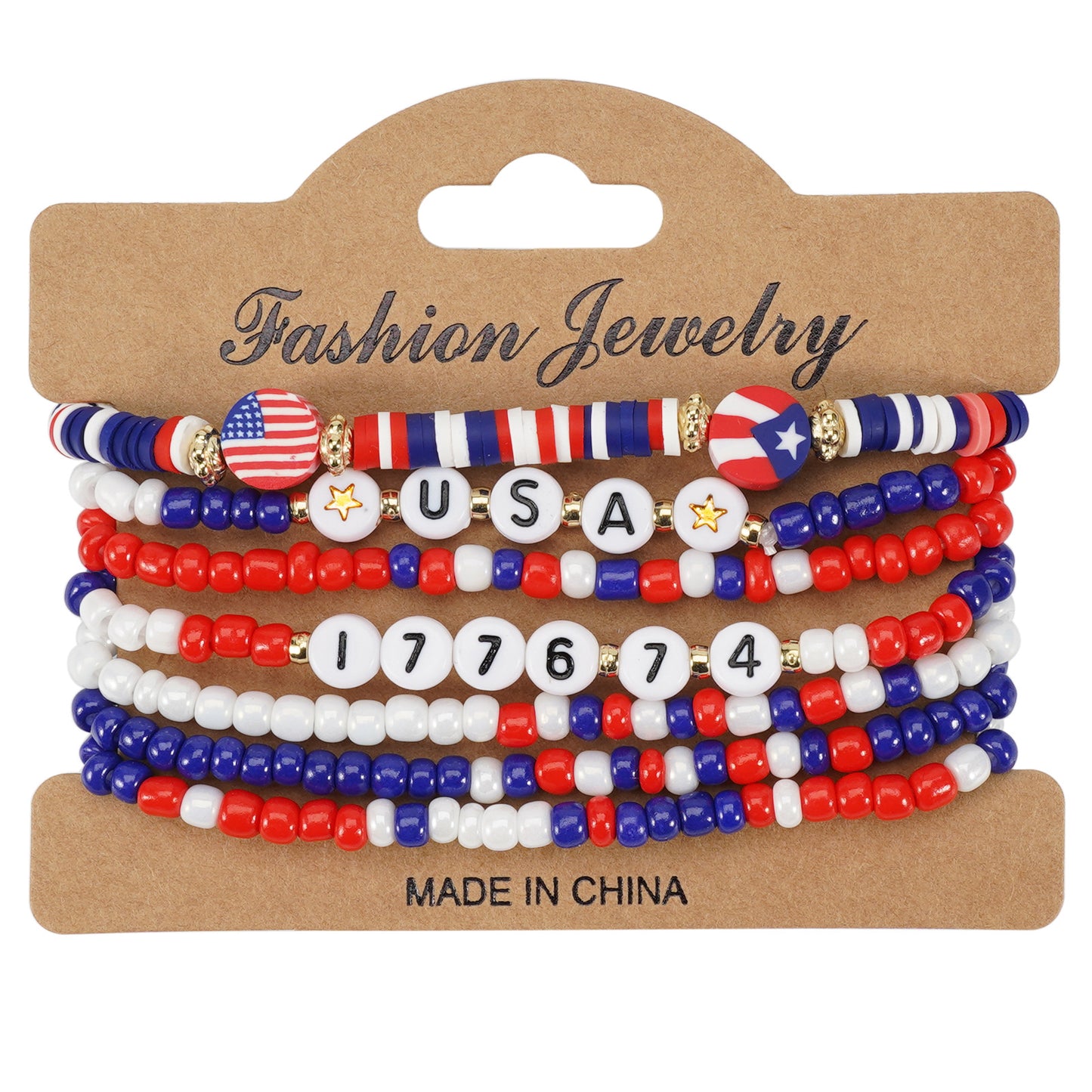 Geometric Resin Beaded Bracelet Red White Blue Patriotic Design Unisex