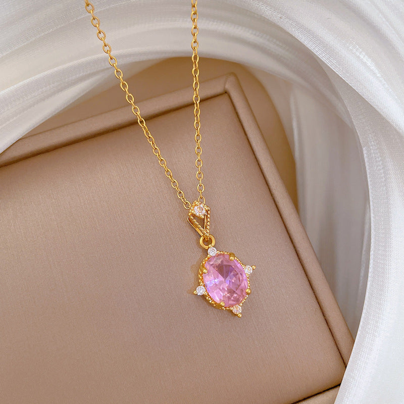 Collar de acero inoxidable con forma de rombo rosa para mujer, incrustaciones completas de diamantes de imitación, delicada cadena a la clavícula de estilo dulce y fresco