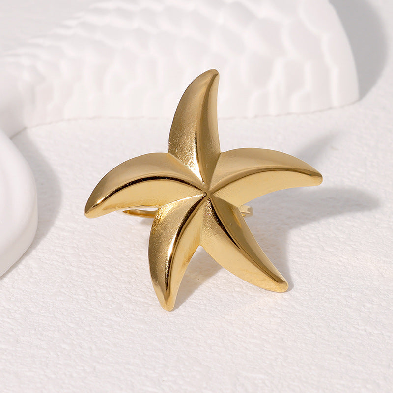 Anello aperto da donna minimalista a forma di stella marina in acciaio inossidabile con finitura galvanica