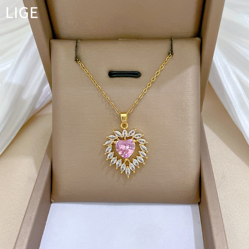 Elegante Collar de Acero de Titanio con Corazón y Circonitas para Mujer con Delicada Cadena a la Clavícula