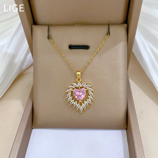 Elegante Collar de Acero de Titanio con Corazón y Circonitas para Mujer con Delicada Cadena a la Clavícula