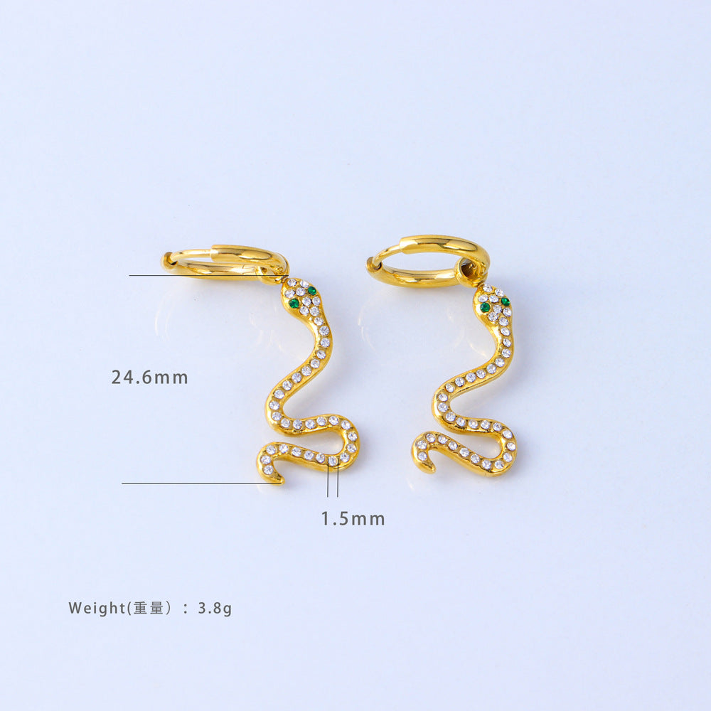 Orecchini da donna alla moda a forma di serpente geometrico in acciaio inossidabile con placcatura in oro 18 carati e intarsio completo di zirconi