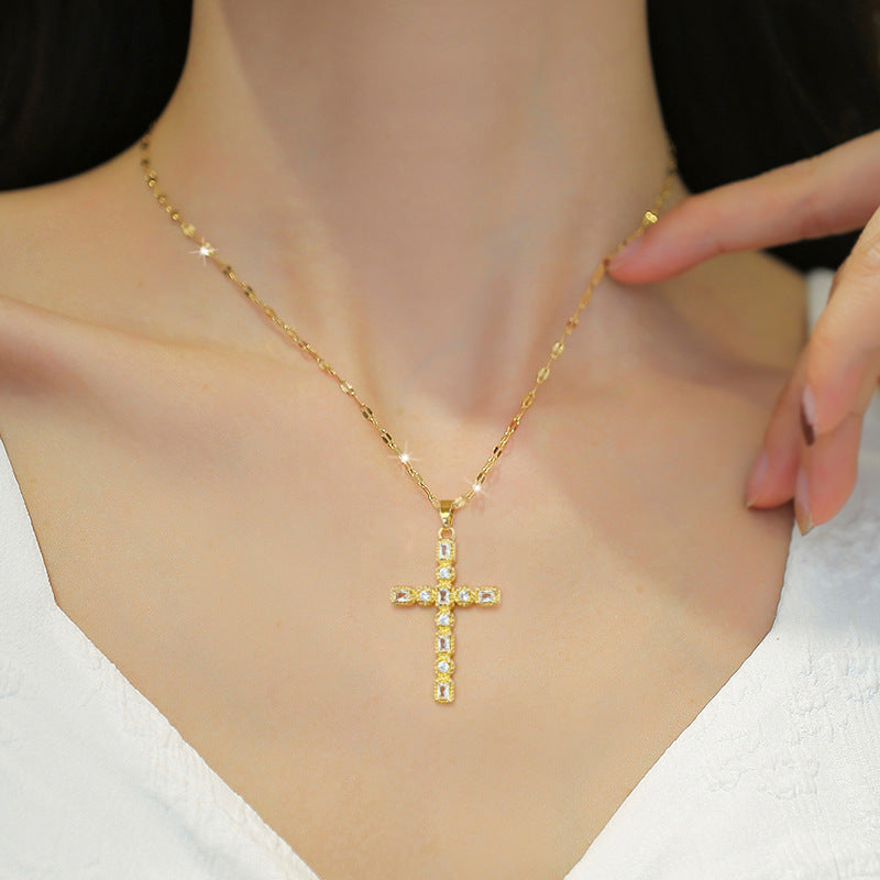 Vintage Luxury Titanium Steel Cross Collar Chain with Zircon Inlay