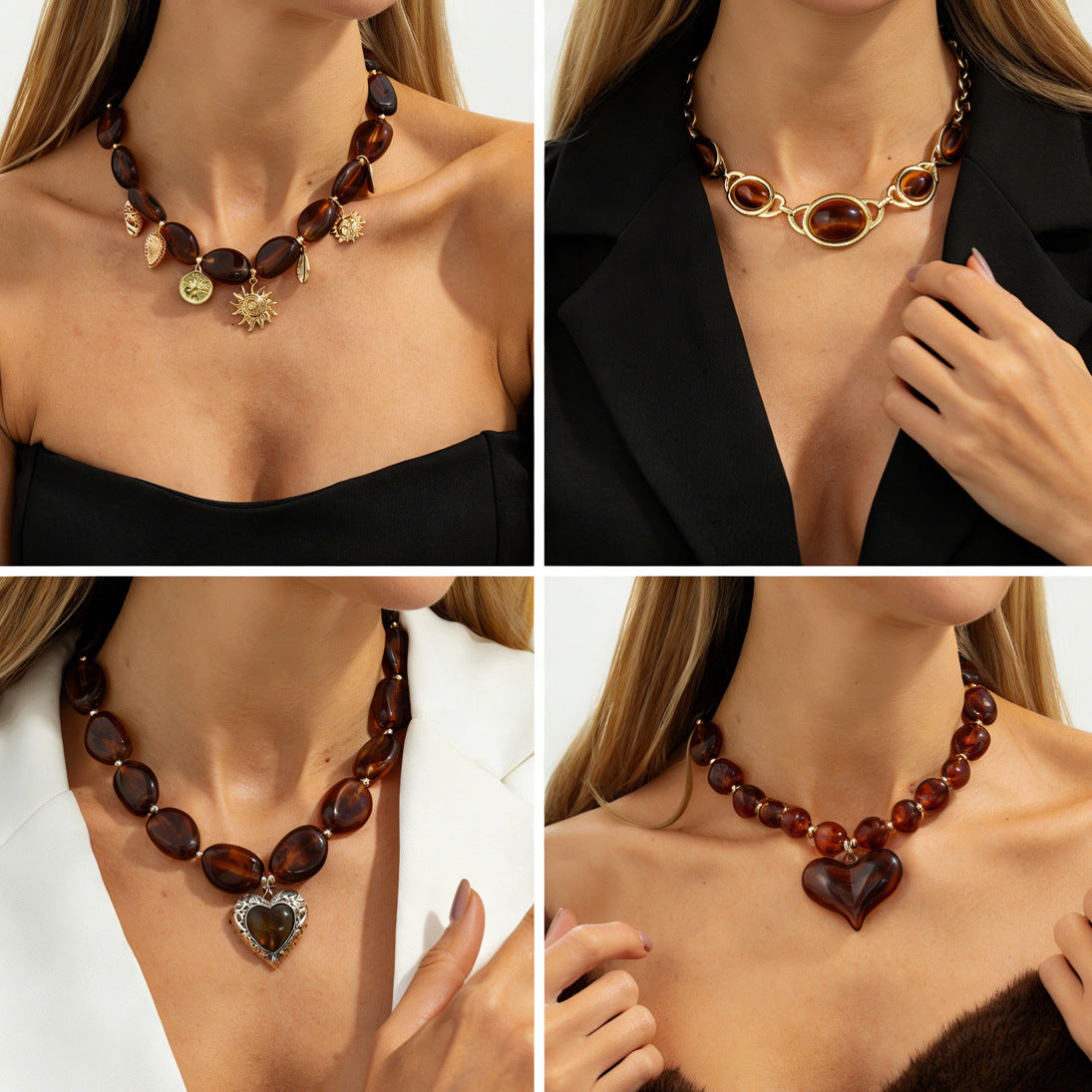 Vintage Ethnic Geometric Heart Alloy Pendant Resin Plated Necklace for Women