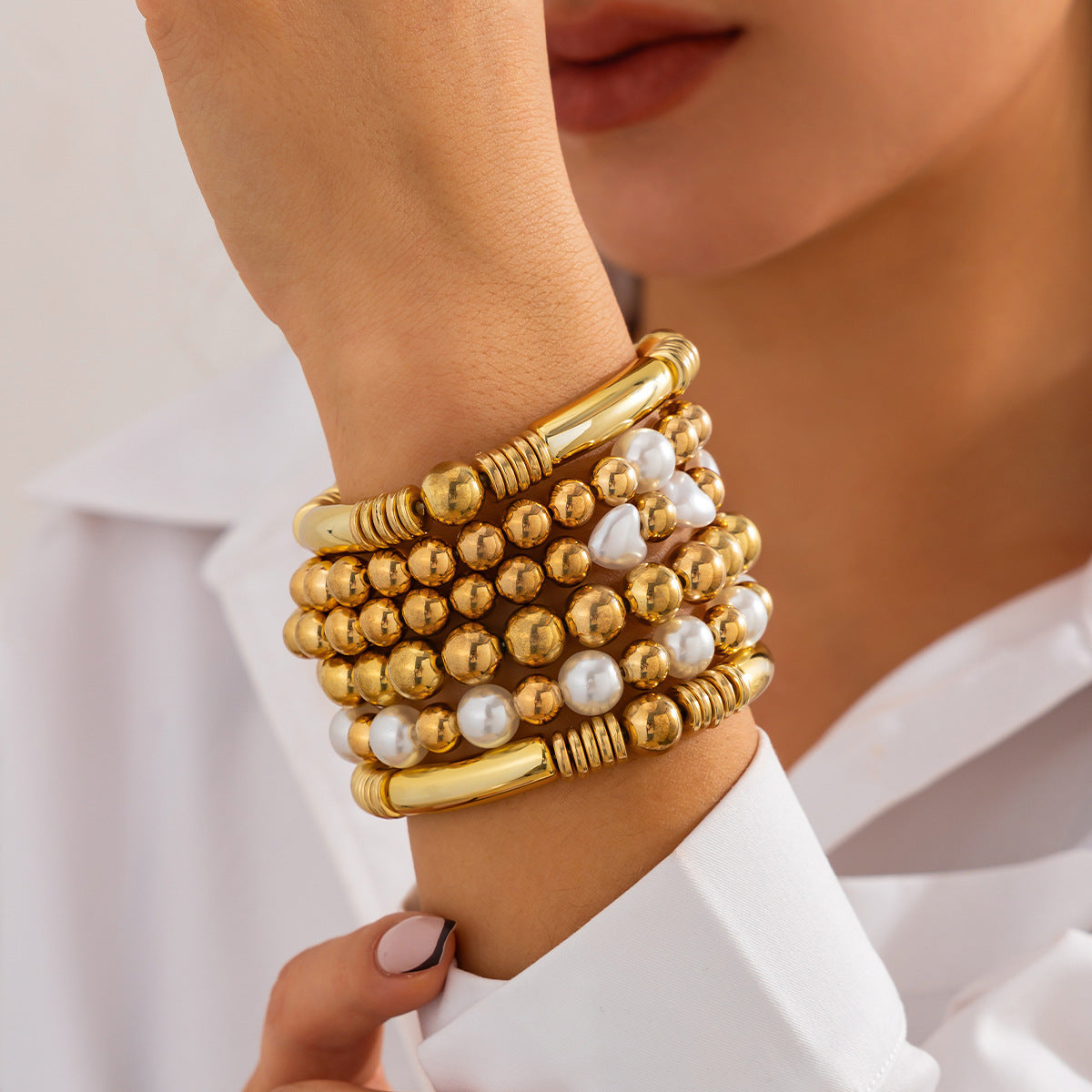 Minimalist Geometric CCB Acrylic Pearl Plated Bracelet Set for Women