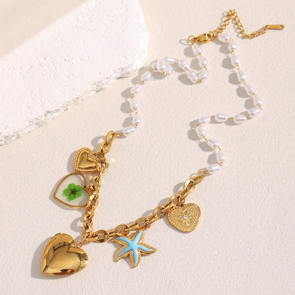 Minimalist Luxury Heart Geometric Stainless Steel 18K Gold Plated Pearl Locket Charm Bar Necklace for Women