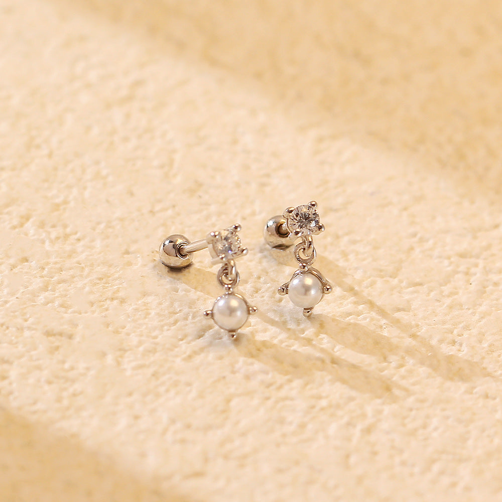Dulces pendientes minimalistas redondos geométricos de plata de ley 925 con perlas y circonitas cúbicas para mujer