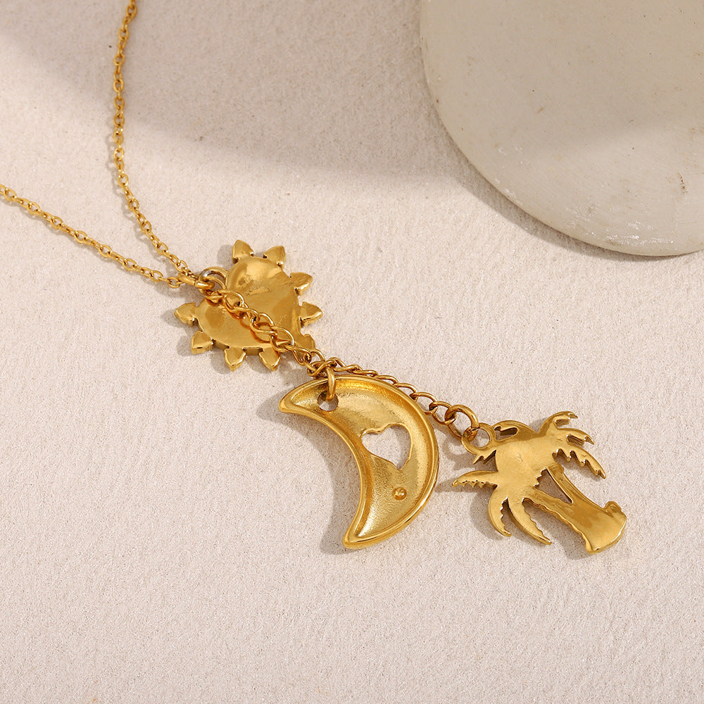 Collana Pendente Albero di Cocco Minimalista in Acciaio Inox Placcato Oro 18K da Donna