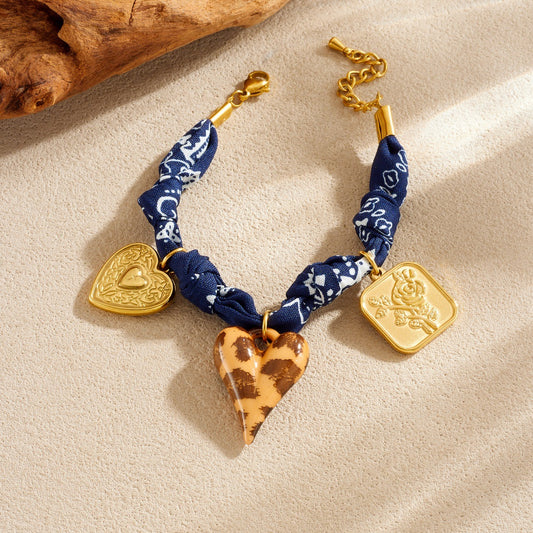 Vintage Luxury Heart Square Plated Stainless Steel Bracelet with Deep Blue Floral and Leopard Print Fabric Rope