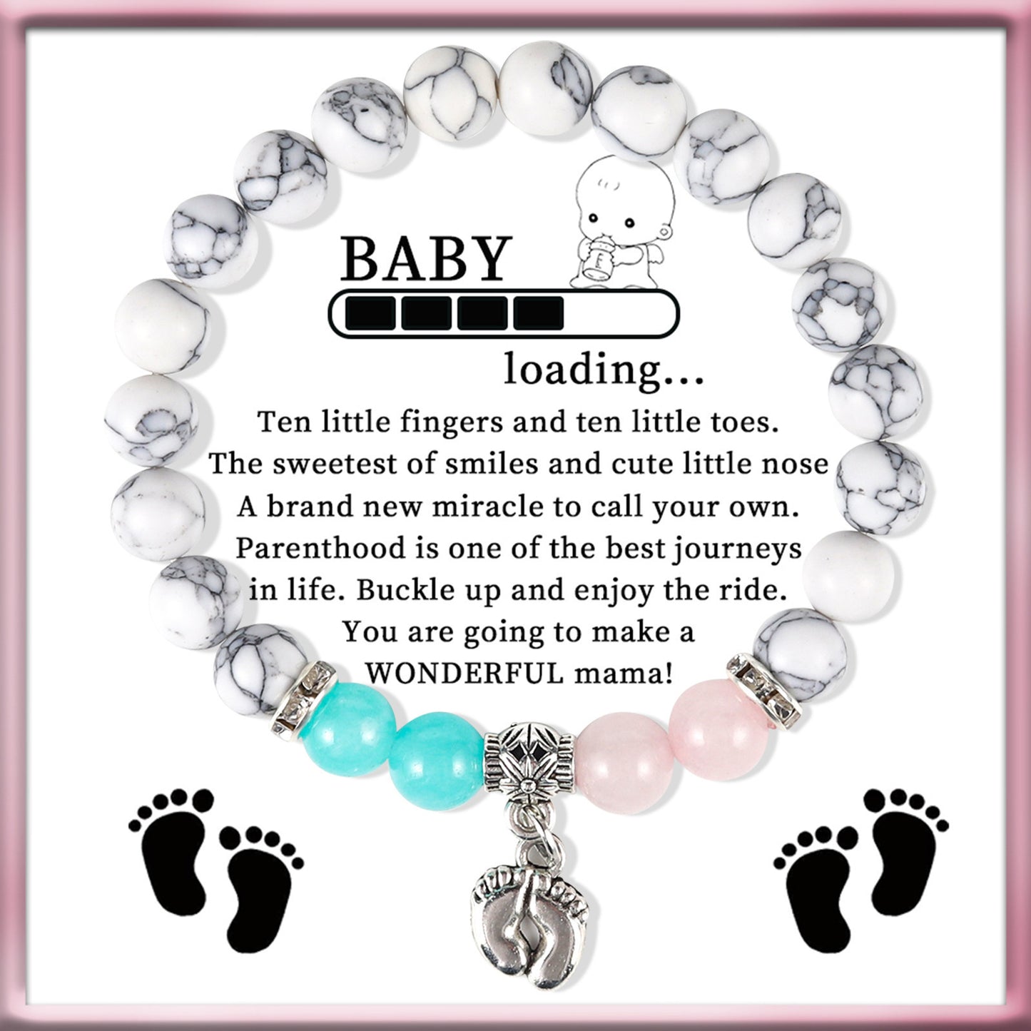 8mm Turquoise Beaded Bracelet with Footprint Pendant and Pearl Accents Unisex Geometric Bracelet