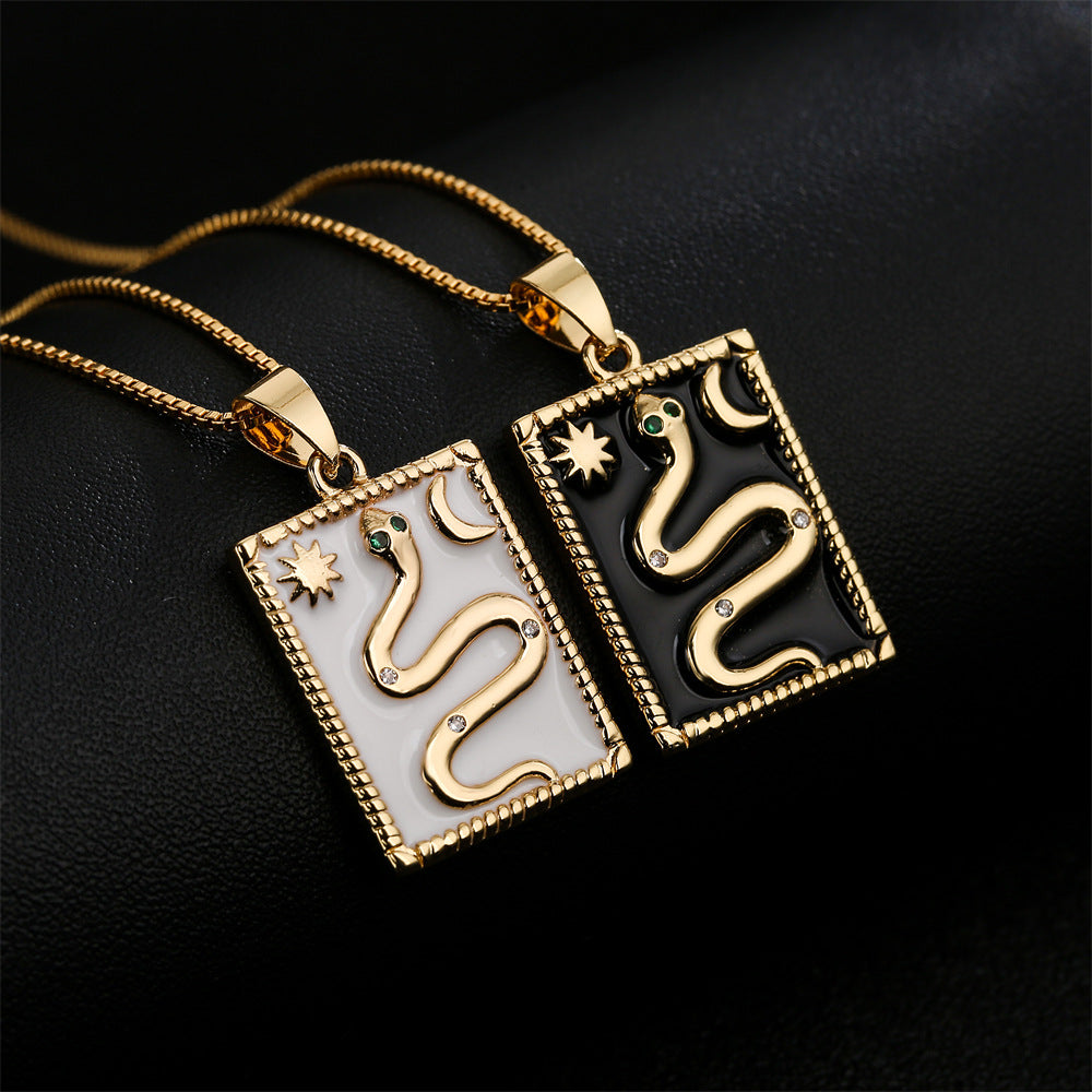 Vintage-Style Snake Totem Pendant Necklace in Copper with 18K Gold Plating, Enamel Finish, and Rhinestone Inlay