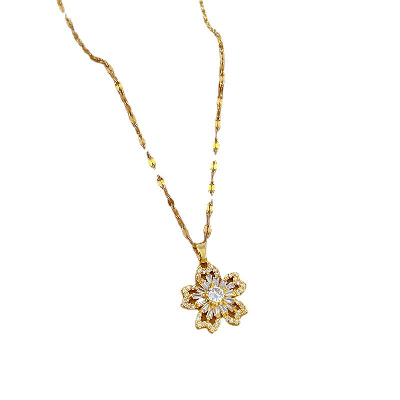 Collana con ciondolo floreale in acciaio al titanio di lusso con intarsio in strass dal design geometrico per donne e uomini, catena regolabile 21-50 cm