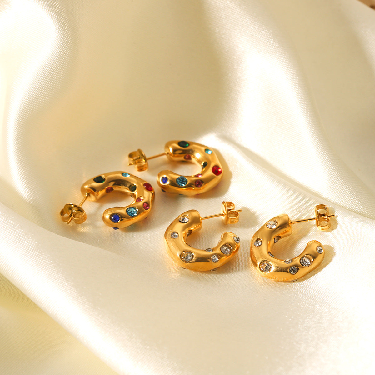 Ins Style Geometric C-Shaped 18K Gold Plated Stainless Steel Stud Earrings with Zircon for Women