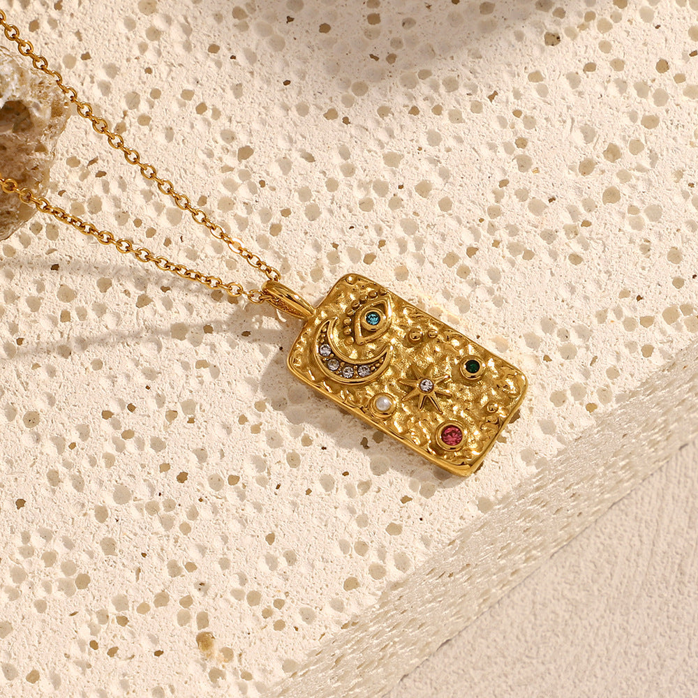 Fashionable Geometric Moon and Star Pendant Necklace for Women in Stainless Steel with 18K Gold Plating