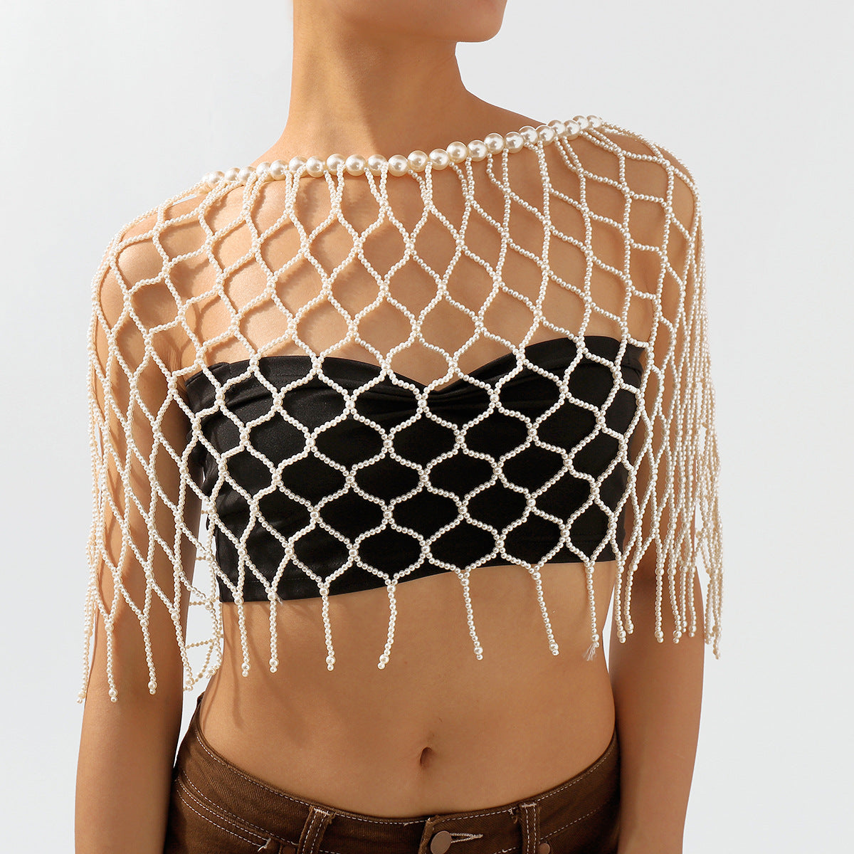 Catena per il corpo geometrica da donna con perle finte e perline in lega, gioiello artigianale in stile bohémien.