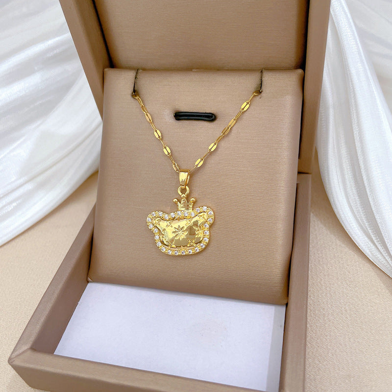Elegant Crown Cat Pendant Necklace for Women Stainless Steel Snake Chain with Moon Motif Geometric Design