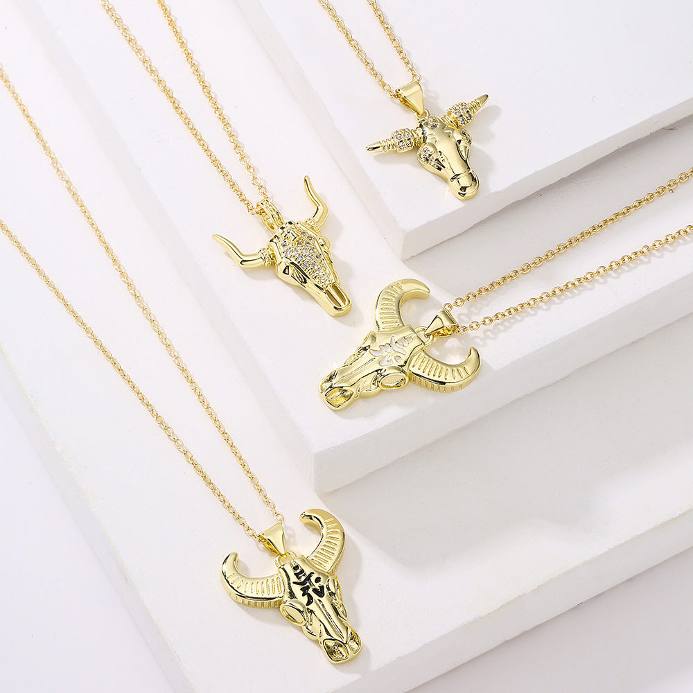 Vintage Geometric Copper Pendant Necklace for Women with 18K Gold Plating and Bull Charm