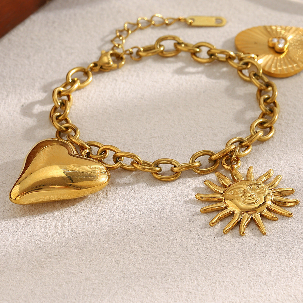 Fashionable Minimalist Geometric Stainless Steel Plated 18K Gold Sun Pendant O-Chain Bracelet for Women
