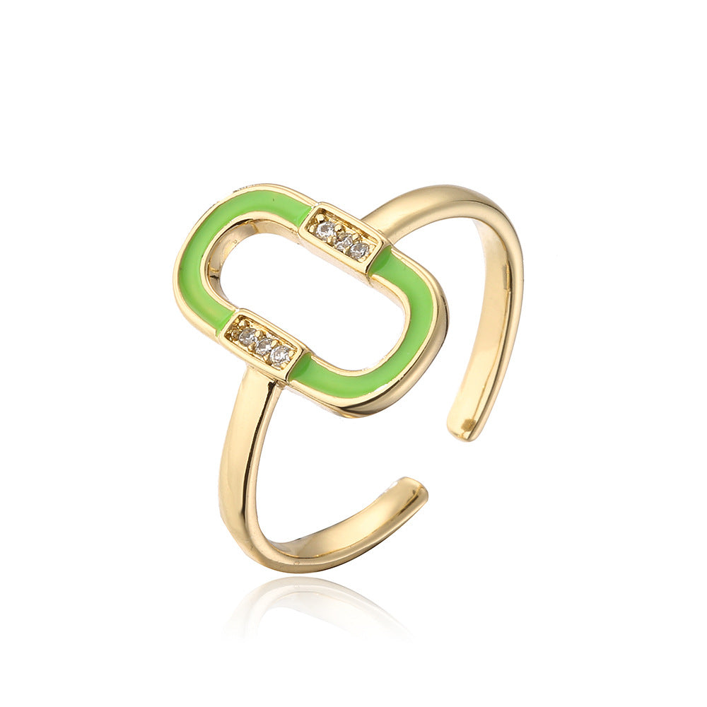 Minimalist Geometric Copper Ring with 18K Gold Plating and Enamel Zirconia Accents for Women