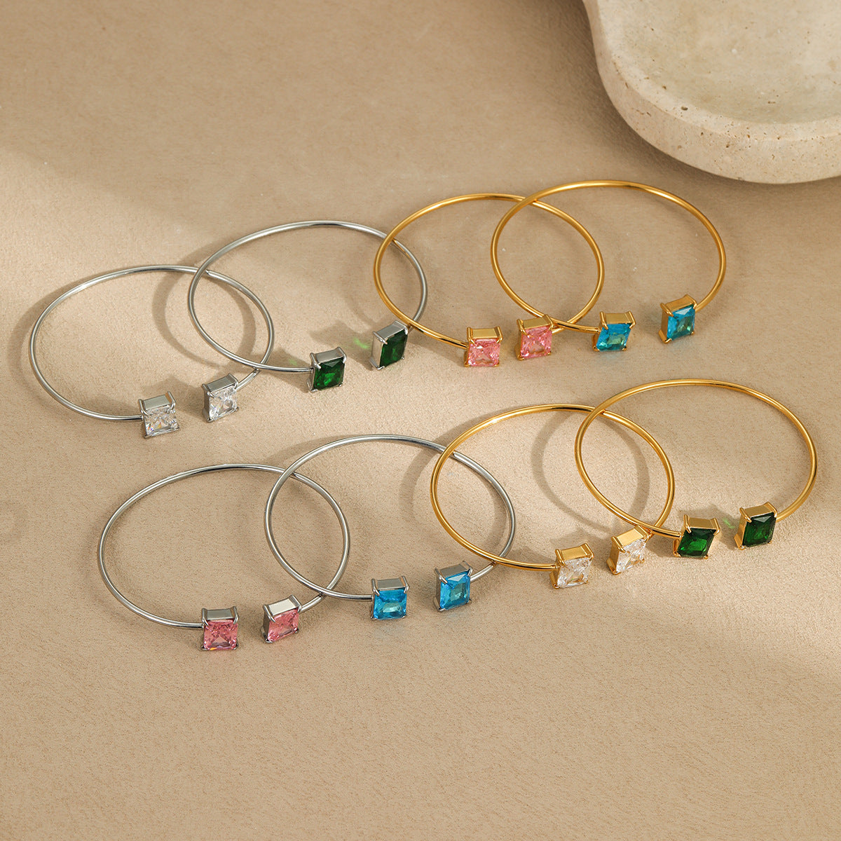 Minimalist Square Zircon Stainless Steel Bracelet with 18K Gold Plating for Women
