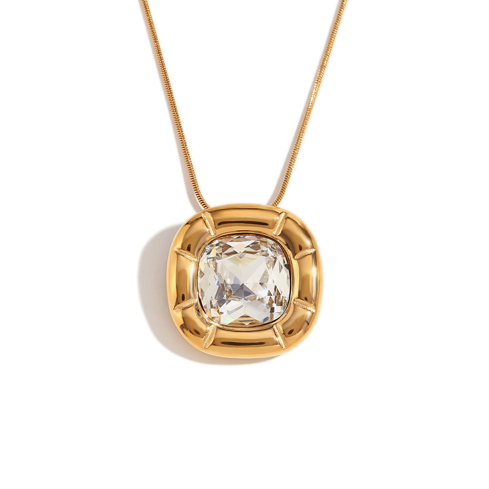 Vintage Fashion Floral Geometric Square Zirconia Necklace for Women Stainless Steel with 18K Gold Plating