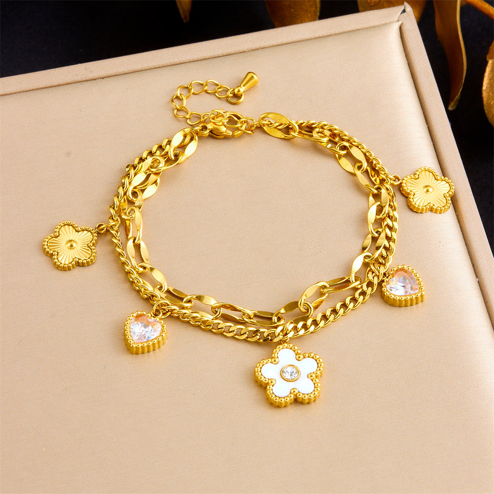 Minimalist Elegant Heart Floral Rhinestone White Pearl Plated Stainless Steel Double Layer Cable Chain Bracelet for Women