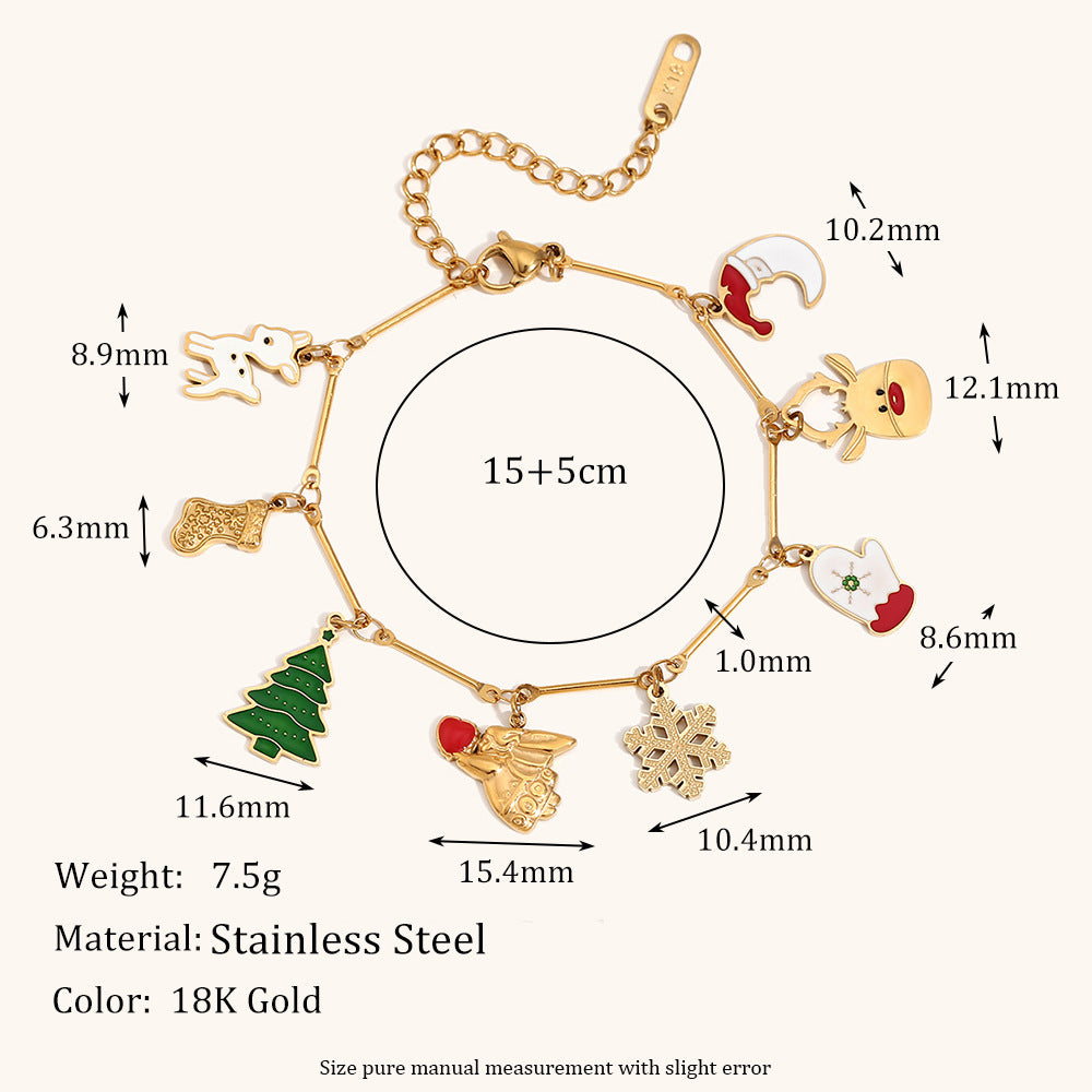 Pulsera minimalista geométrica de acero inoxidable enchapado en oro de 18 quilates con dije de copo de nieve navideño