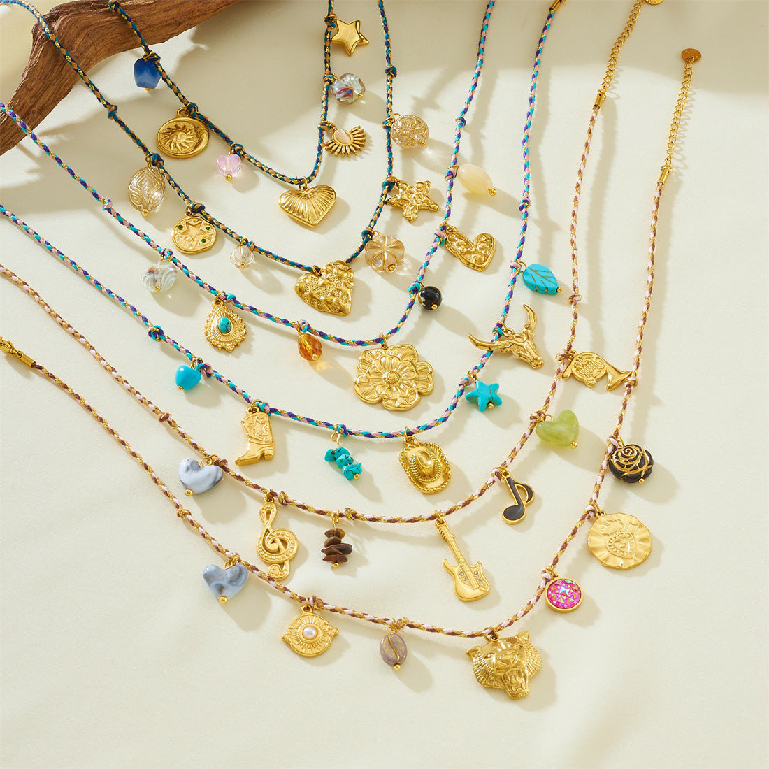 Bohemian Vintage Gold Plated Stainless Steel Rope Chain Floral Pendant Jewelry Set