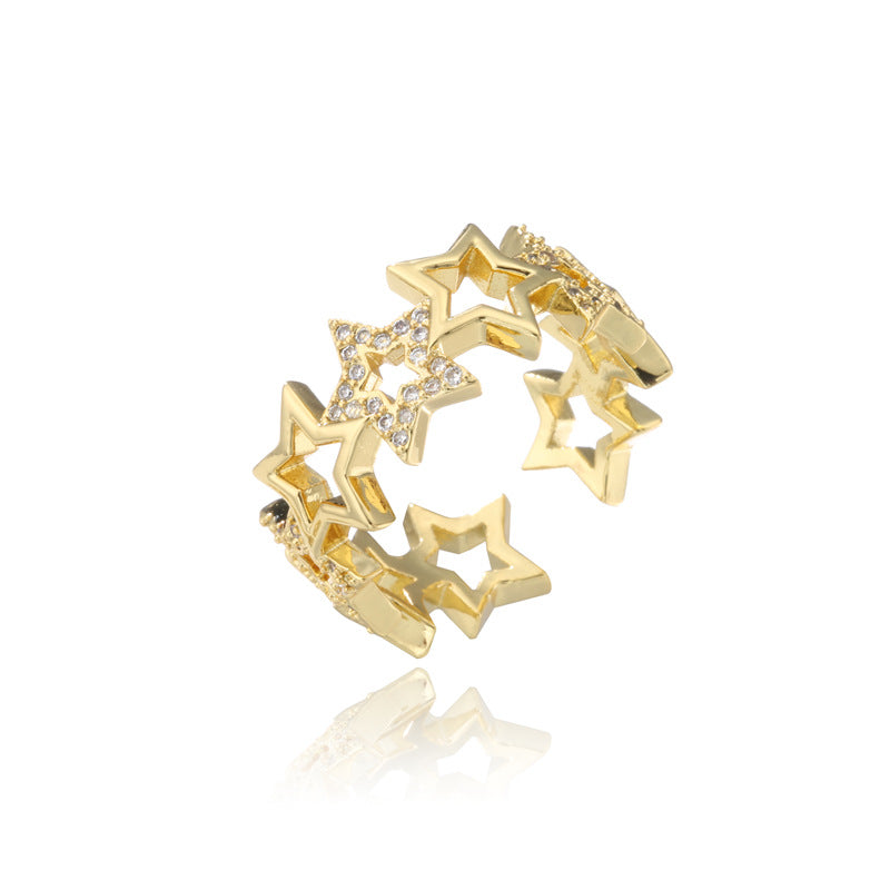 Gold Plated Brass Geometric Star Open Ring with Micro-Inlaid Cubic Zirconia for Women