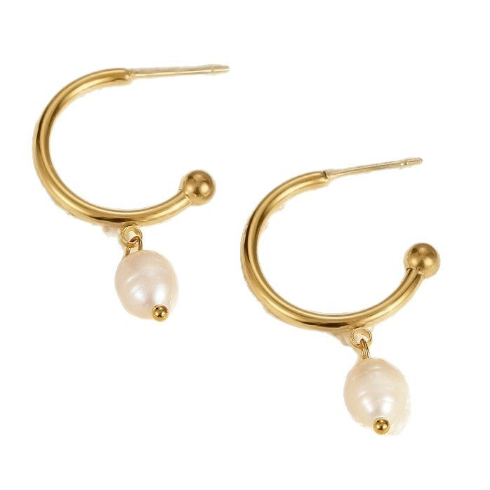Elegant French-Style Baroque Pearl Earrings in Stainless Steel with Floral and Geometric Design, Electroplated Finish for Women