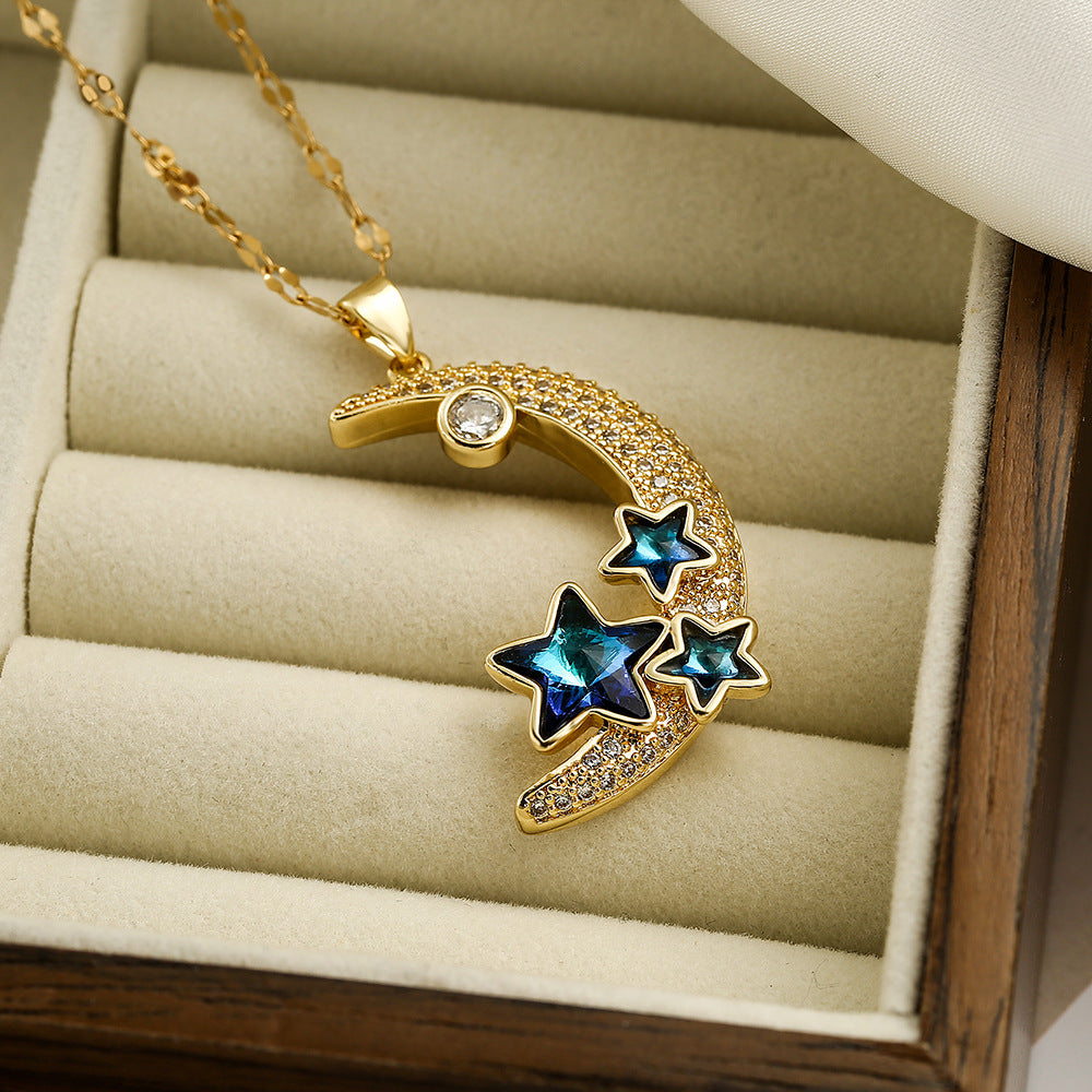 Collana Pendente Stella e Luna Minimalista da Donna in Rame con Placcatura in Oro Vero e Intarsio in Zircone