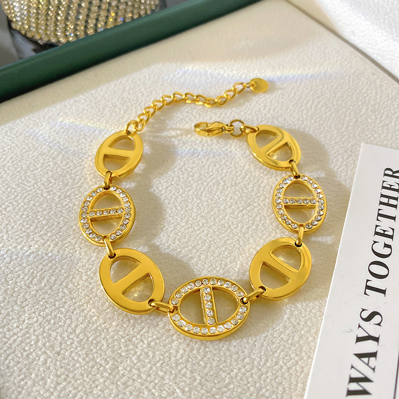 Sweet Streetwear 18K Gold Plated Oval Geometric Titanium Steel Bracelet with Cubic Zirconia