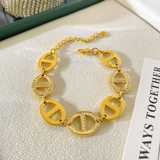 Sweet Streetwear 18K Gold Plated Oval Geometric Titanium Steel Bracelet with Cubic Zirconia